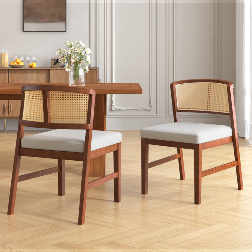 Rattan Dining Chairs Set of 2, Upholstered Kitchen Side Chairs with Curved Cane Back & Rubber Wood Frame