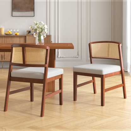 Rattan Dining Chairs Set of 2, Upholstered Kitchen Side Chairs with Curved Cane Back & Rubber Wood Frame