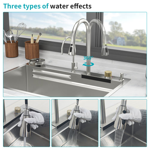 33" Drop in Waterfall Kitchen Sink - 33*22*10 inch Single Bowl 16 Gauge Stainless Steel Ledge Workstation Kitchen Sinks with Pull-Down Faucet & Cup Washer