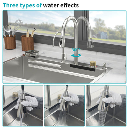 33" Drop in Waterfall Kitchen Sink - 33*22*10 inch Single Bowl 16 Gauge Stainless Steel Ledge Workstation Kitchen Sinks with Pull-Down Faucet & Cup Washer