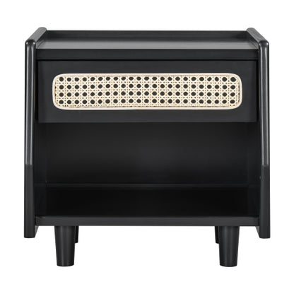 Black Nightstand with Rattan Detail, MDF + Solid Wood, Modern Bedroom Storage, Open Shelf & Drawer, Indoor Furniture