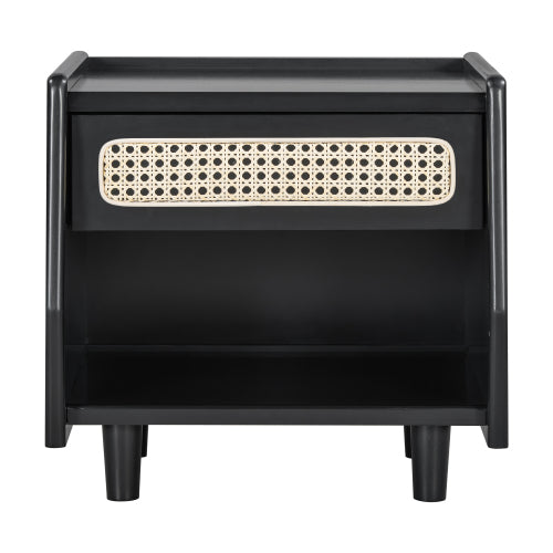 Black Nightstand with Rattan Detail, MDF + Solid Wood, Modern Bedroom Storage, Open Shelf & Drawer, Indoor Furniture
