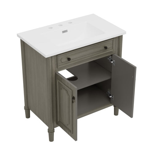 31" Vintage Bathroom Vanity with Sink, Rustic Bathroom Cabinet with Soft Close Doors and Adjustable Shelf, Curved Profile Design, Rubber Wood Legs, Gray