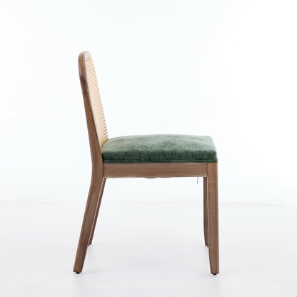 Set of 2 Green Curved Arched Cane Back Farmhouse Dining Chairs, Distressed Solid Wood Frame S-Spring Chenille Cushion