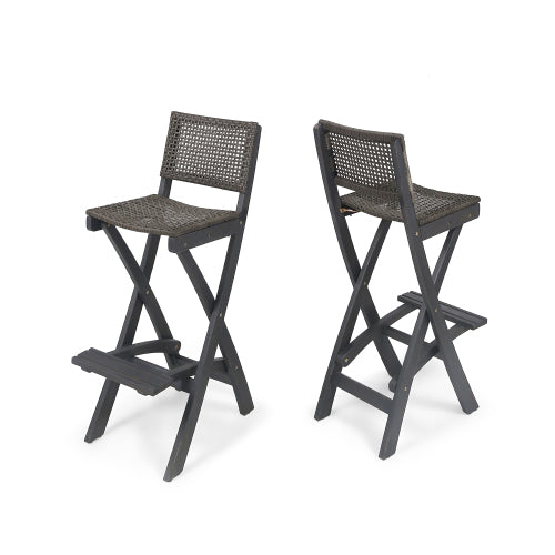 41.75" Outdoor Folding Acacia Wood Barstools with PE Rattan Backrest and Seat, Dark Grey Finish (Set of 2)