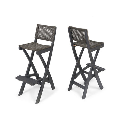 41.75" Outdoor Folding Acacia Wood Barstools with PE Rattan Backrest and Seat, Dark Grey Finish (Set of 2)