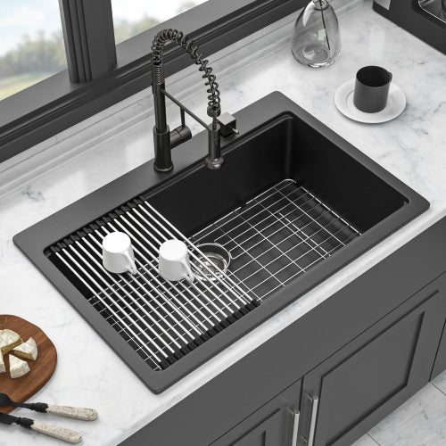 Quartz Kitchen Sink - 33"x22"x9.65" Black granite composite Workstation Drop-in kitchen sink