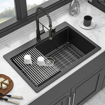 Quartz Kitchen Sink - 33"x22"x9.65" Black granite composite Workstation Drop-in kitchen sink