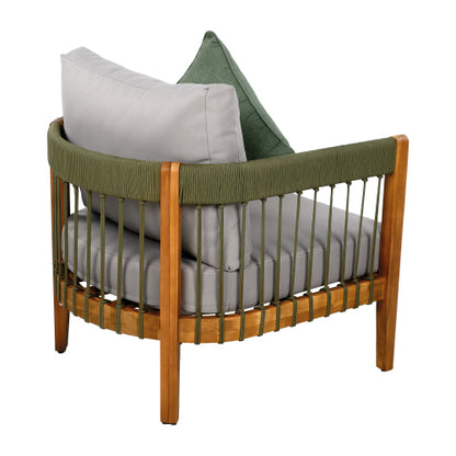 Acacia Wood Outdoor Club Chair with Handwoven Rope Accents & Curved Backrest - Water-Resistant Boho Patio Lounge Chair with Removable Cushions for Porch, Garden