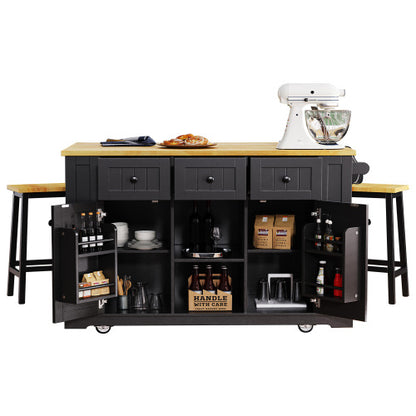 53inch Large Kitchen Island with 2 Bar Stools, Power Outlet,Door Internal Storage Rack, Kitchen Storage Cart on 5 Wheels with Drop Leaf, 5 Open Side Racks, 3 Drawers, for Kitchen,Dining Room,Black