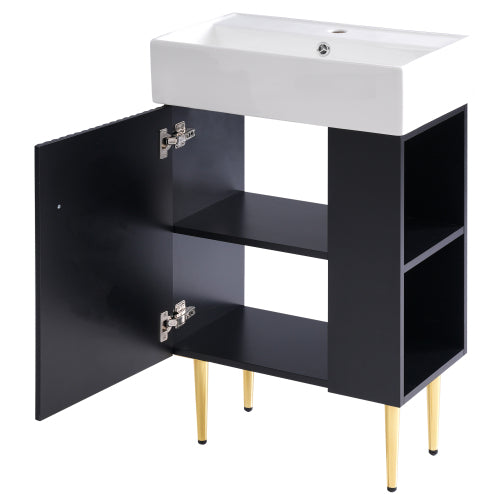 21.6" Black Bathroom vanity, Combo Cabinet, Bathroom Storage Cabinet, Single Ceramic Sink, Right side storage