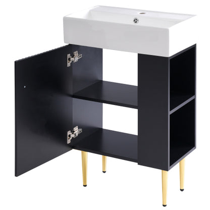 21.6" Black Bathroom vanity, Combo Cabinet, Bathroom Storage Cabinet, Single Ceramic Sink, Right side storage