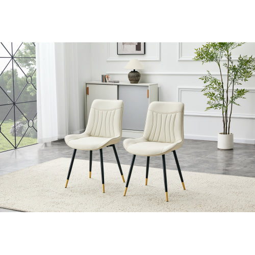 Set of 2 White Leathaire Tech Fabric Dining Chairs, Black Semi-Gloss Metal Leg Gold Trim Adjustable Non-Slip Feet Vertical Stitch High Back
