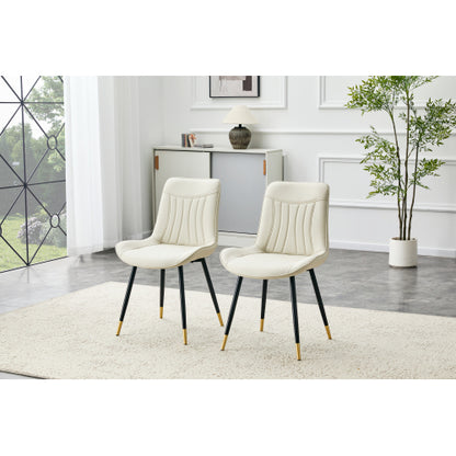 Set of 2 White Leathaire Tech Fabric Dining Chairs, Black Semi-Gloss Metal Leg Gold Trim Adjustable Non-Slip Feet Vertical Stitch High Back