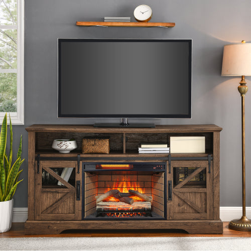 60 Inch Electric Fireplace Entertainment Center With Door Sensor-Reclaimed Barnwood Color