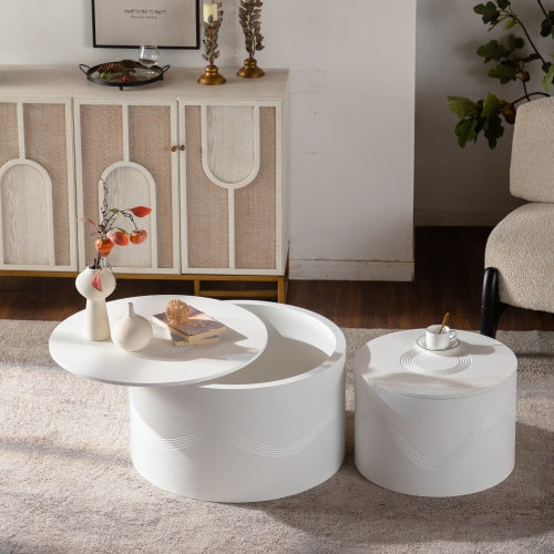 Set of 2 White Round Wavy MDF Coffee Tables with Hidden Storage, Fully Assembled for Living Room Bedroom