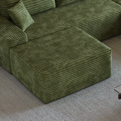 Green Plush Corduroy Modular Sofa Ottoman, No Assembly Cloud Couch with Spring & Sponge Support, Freely Movable Units