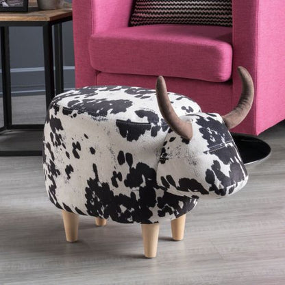 Black & White Cow Shaped Animal Ottoman, Fabric Footstool with Velvet Horns & Natural Birch Legs for Indoor & Outdoor Decor