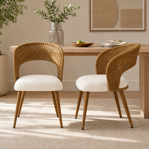 Curved PE Rattan Dining Chairs with Teddy Cushions, Set of 2, Beige/Brown