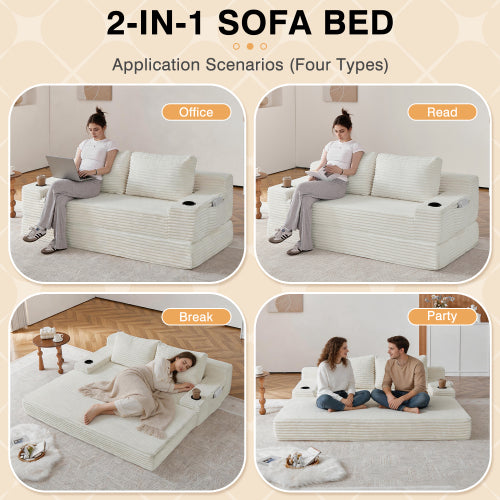 70.8-inch corduroy two-in-one sofa bed, featuring a lounge chair with two throw pillows, built-in cup holders in the armrests, and side storage pockets-ideal for living rooms, bedrooms, and relaxation