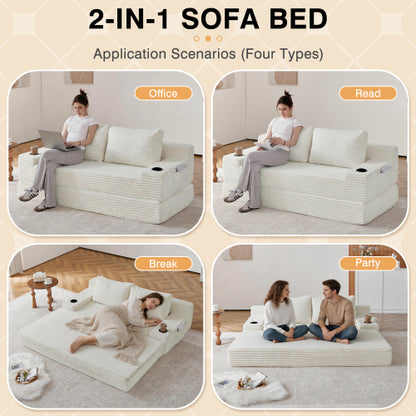 70.8-inch corduroy two-in-one sofa bed, featuring a lounge chair with two throw pillows, built-in cup holders in the armrests, and side storage pockets-ideal for living rooms, bedrooms, and relaxation
