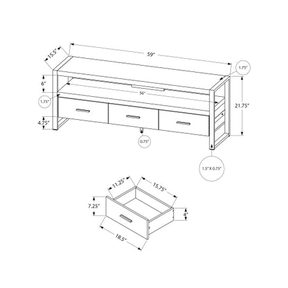 60 Inch Rustic Grey Industrial TV Stand with Black Metal Frame & 3 Metal Glide Drawers