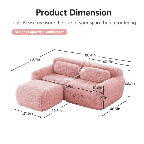 Pink L-Shaped Plush Boneless Sofa with Chaise,32D Sponge,Throw Pillows,No Assembly