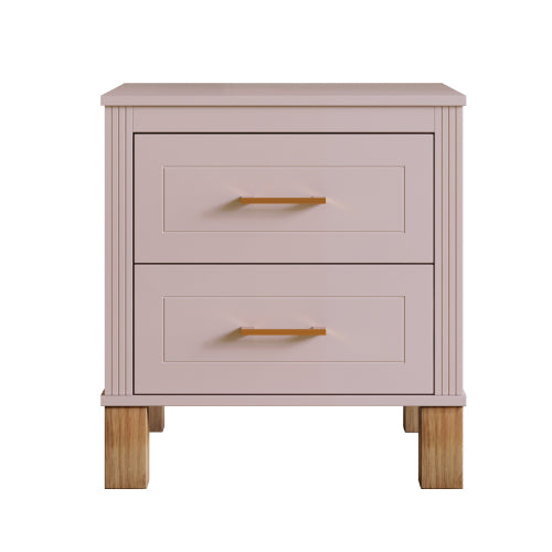 Pink Fluted Nightstand, 2-Drawer Bedside Table with Metal Handles & Solid Wood Legs