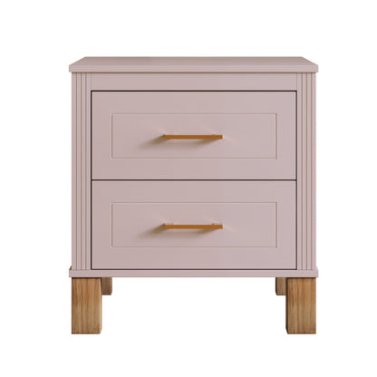Pink Fluted Nightstand, 2-Drawer Bedside Table with Metal Handles & Solid Wood Legs