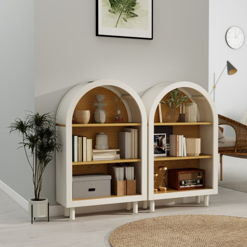 Set of 2 White Woodgrain 3-Tier Elegant Arched Top Storage Bookcase