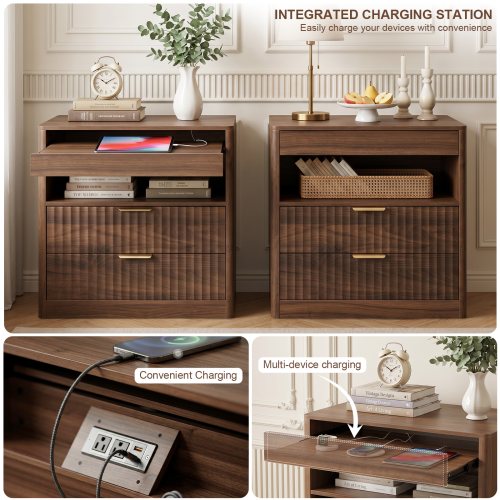 Walnut Nightstand with 2 Drawers, Open Shelf, Outlet and Pull-Out Tray