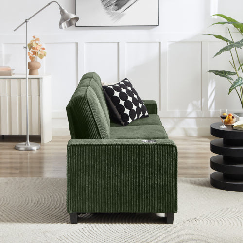 Green 83.86-Inch Modern Compressed 3-Seater Corduroy Sofa with Cup-Holders Removable-Washable Cushions