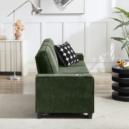 Green 83.86-Inch Modern Compressed 3-Seater Corduroy Sofa with Cup-Holders Removable-Washable Cushions