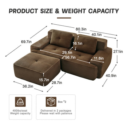 82-Inch Brown Corduroy L-Shaped Modular Sectional Tufted Sofa with Movable Ottoman No-Assembly