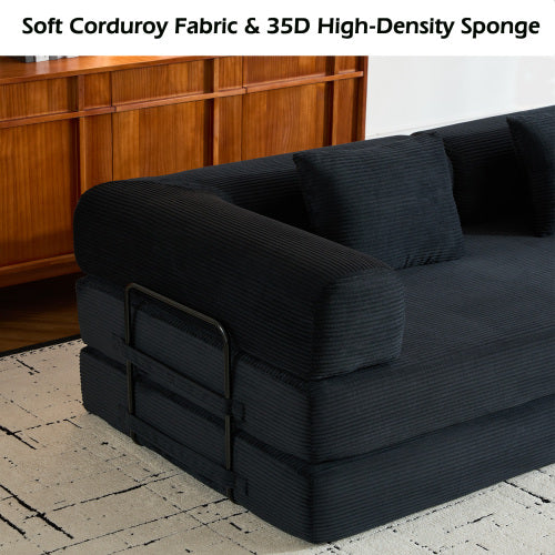 Corduroy Convertible Sleeper Sofa-Bed Fixed-Shape Metal-Frame Floor Lounge Couch with Cylindrical Pillow No-Assembly
