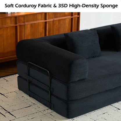 Corduroy Convertible Sleeper Sofa-Bed Fixed-Shape Metal-Frame Floor Lounge Couch with Cylindrical Pillow No-Assembly
