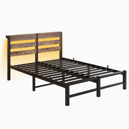 Full Size  Metal Bed Frame with Wooden Headboard, RGB Lights,  Charger, Storage Shelf, Noise-Free, No Box Spring Needed,Rustic Brown