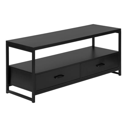 48 Inch Compact Black Metal Frame TV Stand with Dual Open Layers & 2 Storage Drawers