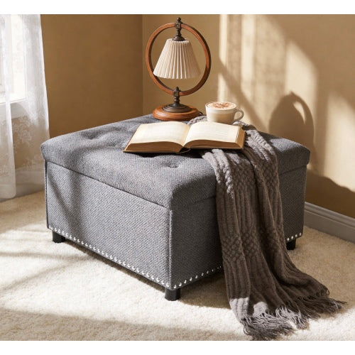 Storage Ottoman, Tufted Footstool, Nailhead Trim Ottoman, Square Storage Ottoman, Upholstered Coffee Table, Bedroom Storage, Living Room Accent, Light Gray Ottoman, Small Space Furniture, Home Decor.