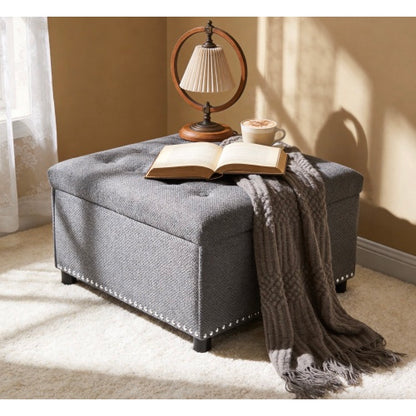 Storage Ottoman, Tufted Footstool, Nailhead Trim Ottoman, Square Storage Ottoman, Upholstered Coffee Table, Bedroom Storage, Living Room Accent, Light Gray Ottoman, Small Space Furniture, Home Decor.