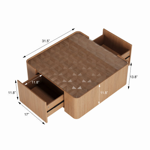 Square Glass Coffee Table Walnut Frame Storage Drawers Modern Living Room Table