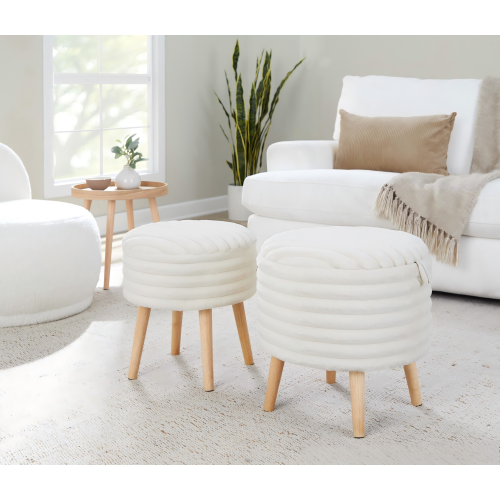 Set of 2 Storage Ottoman Faux Fur Accent Stools with Natural Wood Finish
