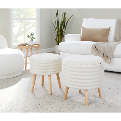 Set of 2 Storage Ottoman Faux Fur Accent Stools with Natural Wood Finish