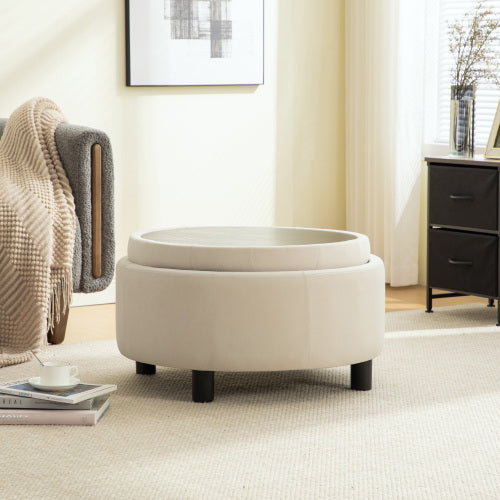 29.33 inch Beige Fleece Round Storage Ottoman, Hand Buckle Decor Reversible Lid Footstool, 300 LBS