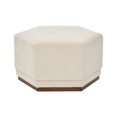 Modern Hexagon Chenille Ottoman, Beige Upholstered Footrest with Solid Wood Base, Fully Assembled Accent Stool