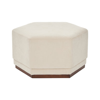 Modern Hexagon Chenille Ottoman, Beige Upholstered Footrest with Solid Wood Base, Fully Assembled Accent Stool