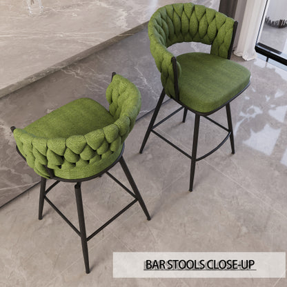 26inch Bar Chair Linen Woven Bar Stool Set of 2,Black legs Barstools No Adjustable Kitchen Island Chairs,360 Swivel Bar Stools Upholstered Bar Chair Counter Stool Arm Chairs with Back Footrest (Green)