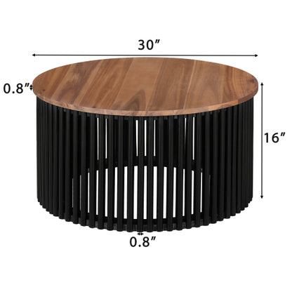 30inch  Acacia Solid Wood Round Coffee Table, Natural & Black Floating Top Accent Table