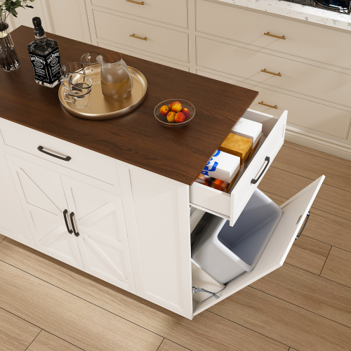 46 inch Kitchen Island on Wheels with Storage & Power Outlet - Movable Rustic Breakfast Bar Table, Wood Top with Adjustable Shelf & Drawer for Kitchen Dining Living Room, White
