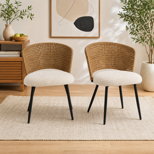 PE Rattan Dining Chairs with Teddy Cushions and Metal Legs, Set of 2, Beige/Brown